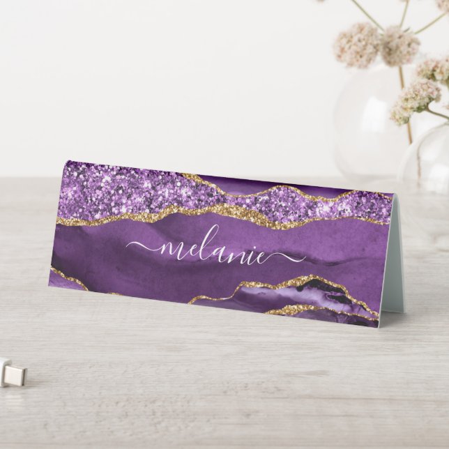 Agate Purple Violet Gold Your Name Table Tent Sign (In SItu (Table))