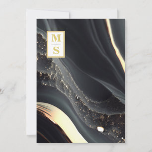 *~ Agate QR BLACK gold Monogram AR66 RSVP Wedding Invitation