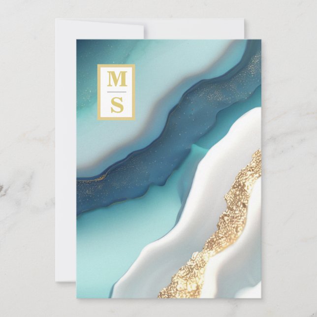 *~  Agate QR TEAL Monogram AR66 RSVP Wedding Invitation (Front)