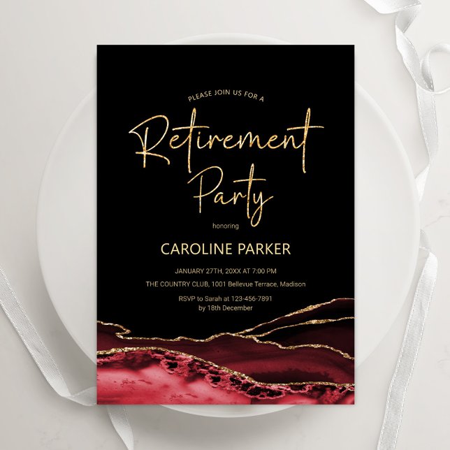 Agate Red Black Gold Retirement Party Invitation (Creator Uploaded)