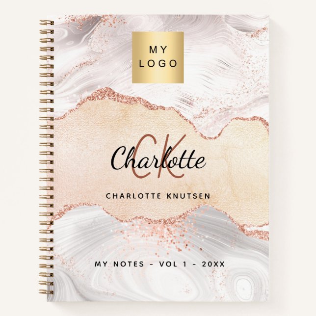 Agate rose gold logo monogram elegant business notebook (Front)