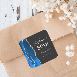 Agate Royal Blue Silver Dark 50th Birthday Square Sticker
