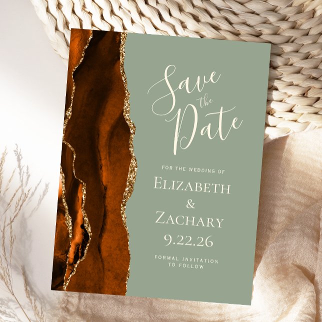 Agate Rust Gold Sage Green Save the Date Announcement Postcard (Creator Uploaded)