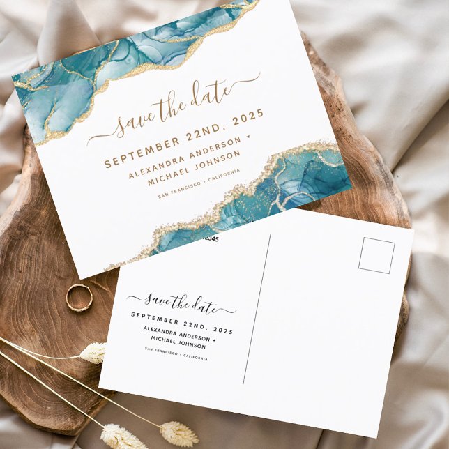 Agate Save the Date Turquoise Teal Gold Wedding Announcement Postcard (Creator Uploaded)