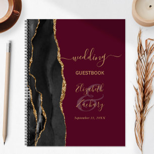 Agate Script Black Gold Burgundy Wedding Guest Notebook