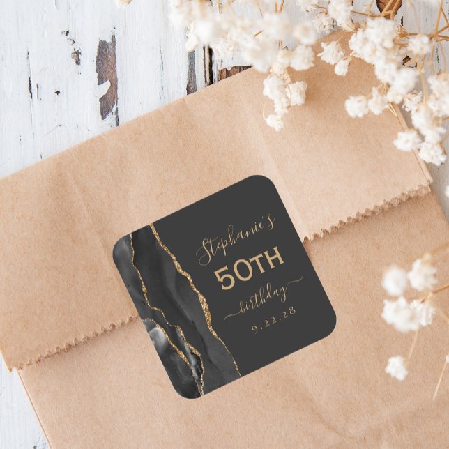 Agate Script Black Gold Dark 50th Birthday Square Sticker (Creator Uploaded)