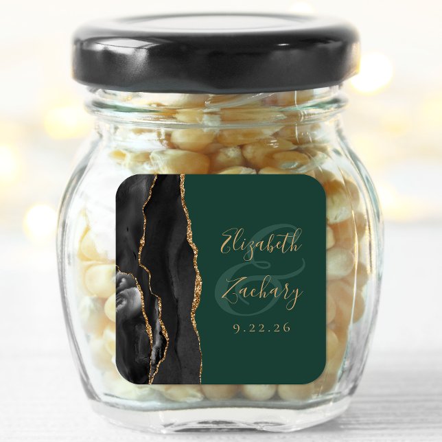 Agate Script Black Gold Emerald Green Wedding Square Sticker (Creator Uploaded)