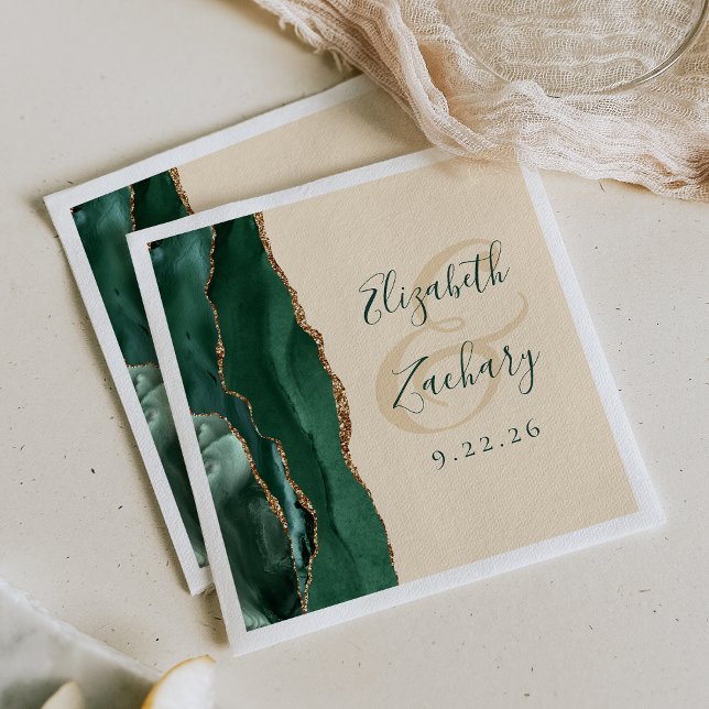 Agate Script Emerald Green Gold Champagne Wedding Napkin (Creator Uploaded)