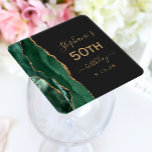 Agate Script Emerald Green Gold Dark 50th Birthday Square Paper Coaster<br><div class="desc">These elegant modern 50th birthday party coasters features an emerald green watercolor agate geode design trimmed with faux gold glitter. Easily customise the gold-coloured text on a slate black background with the name of the guest of honour,  the birthday year and the date.</div>