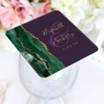 Agate Script Emerald Green Gold Purple Wedding Square Paper Coaster<br><div class="desc">This elegant modern wedding coaster features an emerald green watercolor agate geode design trimmed with faux gold glitter. Easily customise the gold-coloured text on a purple background,  with the names of the bride and groom in handwriting calligraphy over a large ampersand.</div>