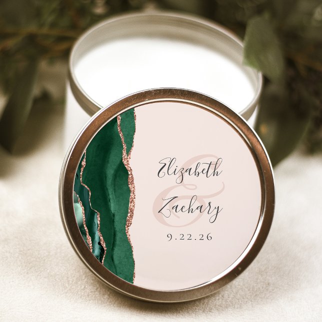 Agate Script Emerald Green Rose Gold Blush Wedding Classic Round Sticker (Creator Uploaded)