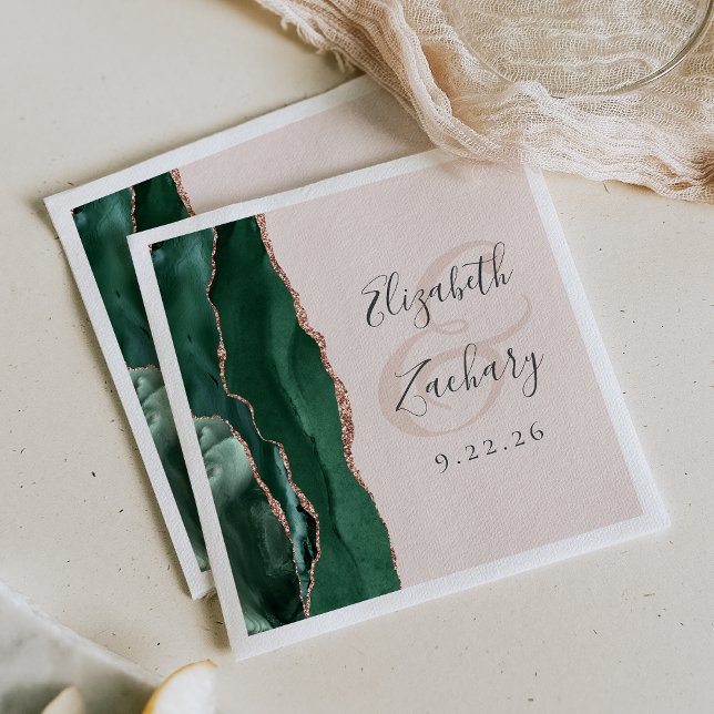 Agate Script Emerald Green Rose Gold Blush Wedding Napkin (Creator Uploaded)