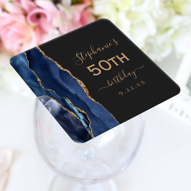 Agate Script Navy Blue Gold Dark 50th Birthday Square Paper Coaster (Creator Uploaded)