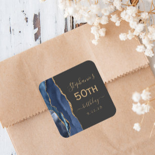 Agate Script Navy Blue Gold Dark 50th Birthday Square Sticker