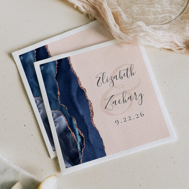 Agate Script Navy Blue Rose Gold Blush Wedding Napkin (Creator Uploaded)