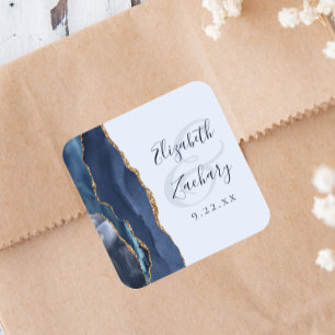 Agate Script Navy Pale Blue Gold Wedding Square Sticker