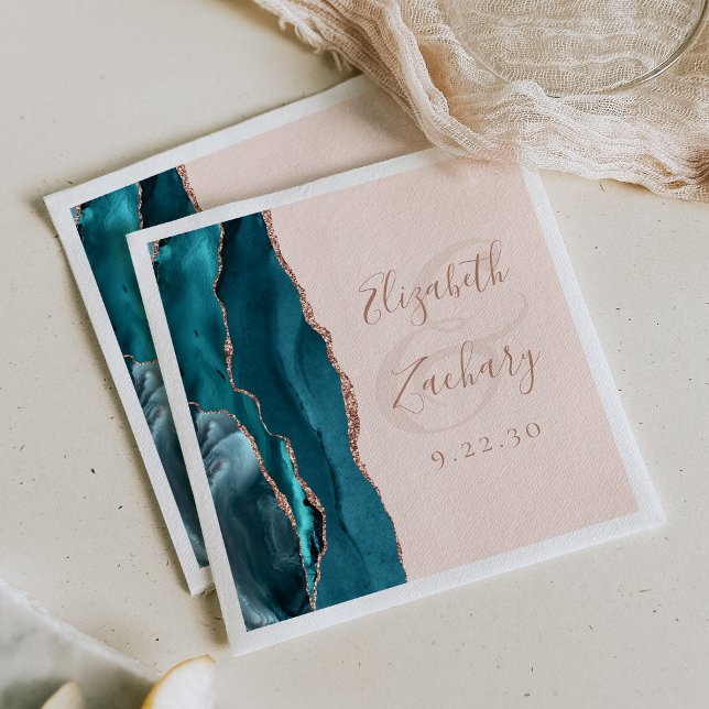 Agate Script Teal Rose Gold Blush Wedding Napkin (Creator Uploaded)