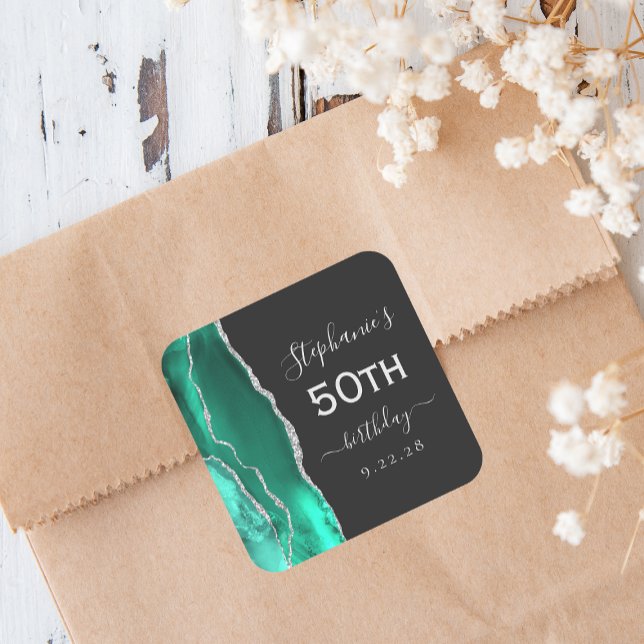 Agate Seafoam Green Silver Dark 50th Birthday Square Sticker (Creator Uploaded)