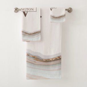 Agate Stone Marble Monogram Name Bath Towel Set
