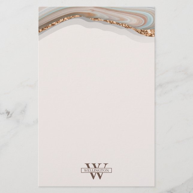 Agate Stone Marble Monogram Name Stationery Paper (Front)