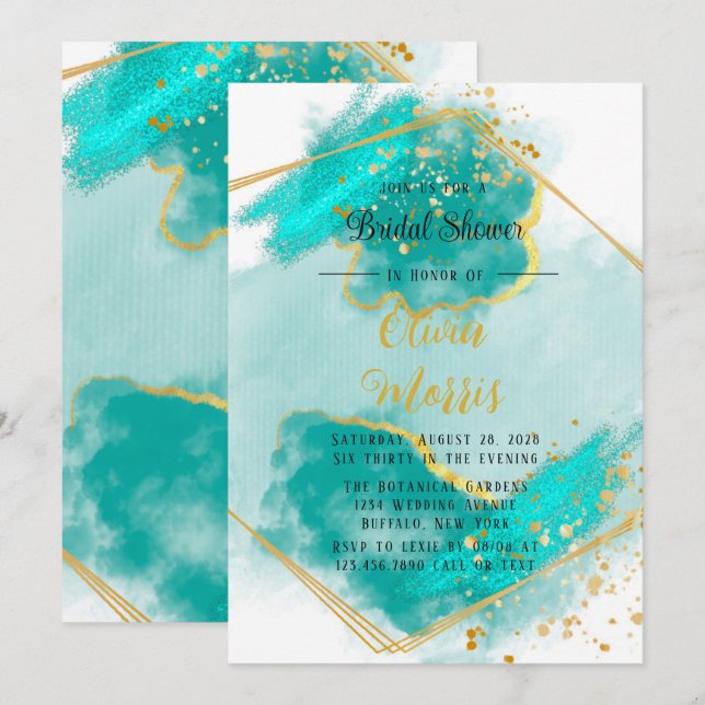 Agate Teal and Gold Geometrice Bridal Shower Invitation (Front/Back)