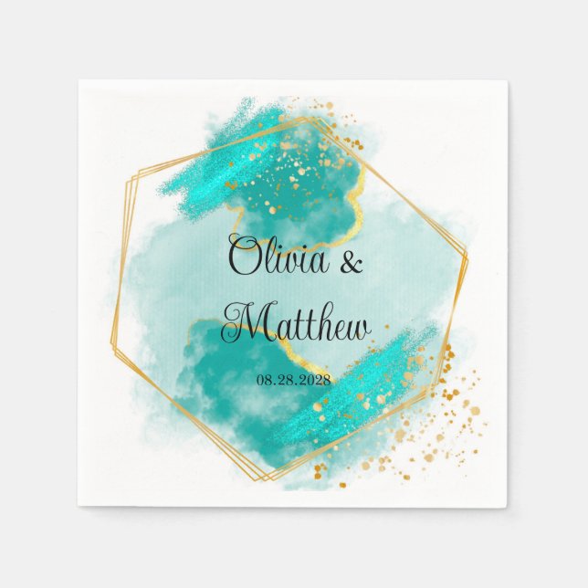Agate Teal and Gold Watercolor Geometric Wedding Napkin (Front)