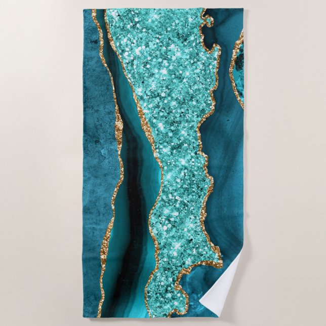 Agate Teal Blue Gold Aqua Turquoise Beach Towel (Front)