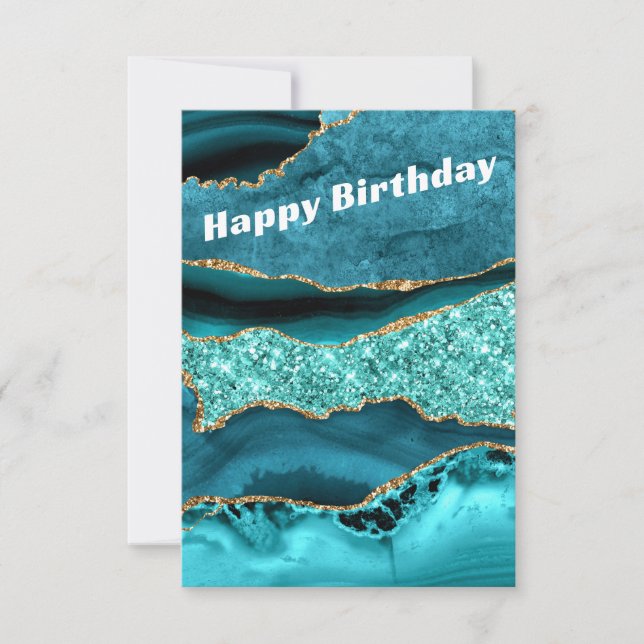 Agate Teal Blue Gold Aqua Turquoise Birthday Card (Front)
