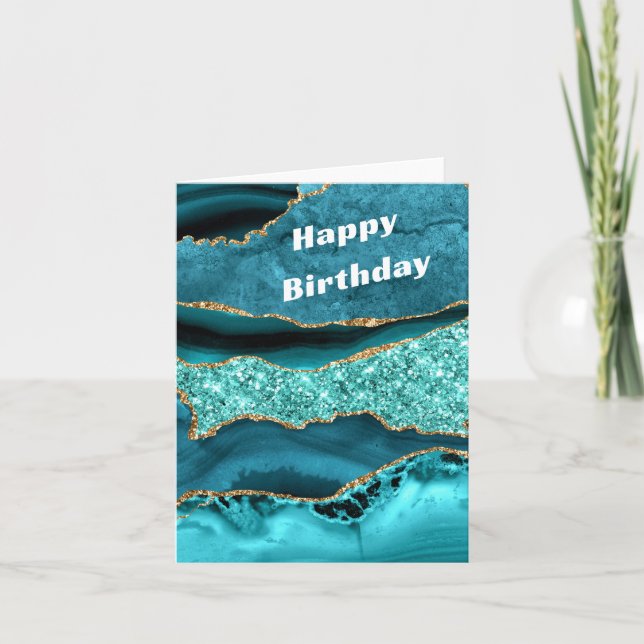Agate Teal Blue Gold Aqua Turquoise Birthday Card (Front)
