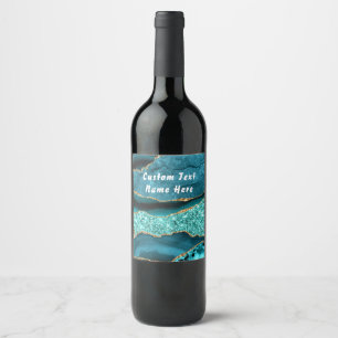 Agate Teal Blue Gold Aqua Turquoise Custom Text Wine Label