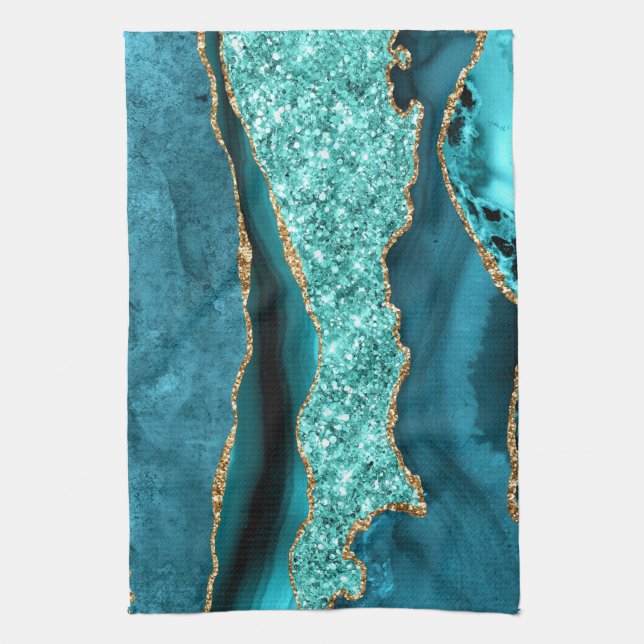 Agate Teal Blue Gold Aqua Turquoise Kitchen Towel (Vertical)