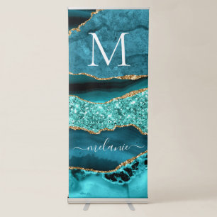 Agate Teal Blue Gold Aqua Turquoise Name Letter Retractable Banner