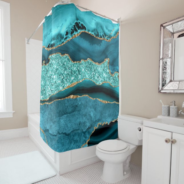 Agate Teal Blue Gold Aqua Turquoise Shower Curtain (In Situ)