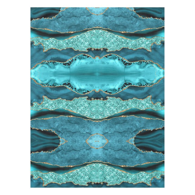 Agate Teal Blue Gold Aqua Turquoise Tablecloth (Front)