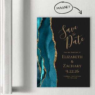 Agate Teal Blue Gold Dark Magnetic Save the Date