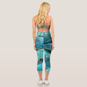 Agate Teal Blue Gold Glitter Aqua Turquoise Capri Leggings