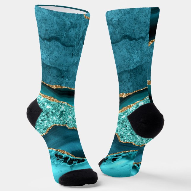 Agate Teal Blue Gold Glitter Aqua Turquoise Socks (Angled)