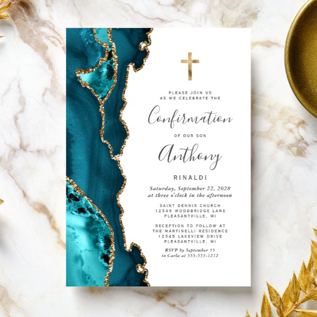 Agate Teal Blue Gold Glitter Confirmation Invitation (Creator Uploaded)