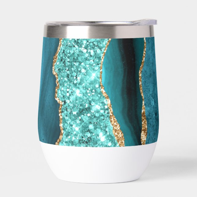 Agate Teal Blue Gold Glitter Marble Aqua Turquoise (Left)