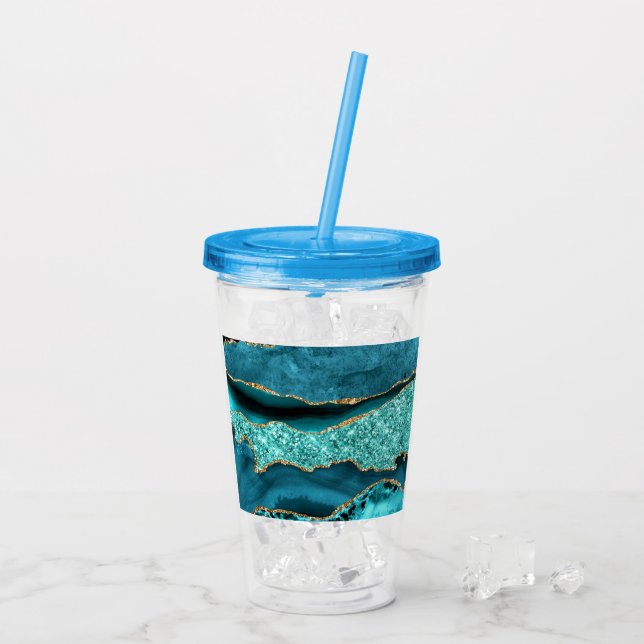 Agate Teal Blue Gold Glitter Marble Aqua Turquoise Acrylic Tumbler (Back Ice)
