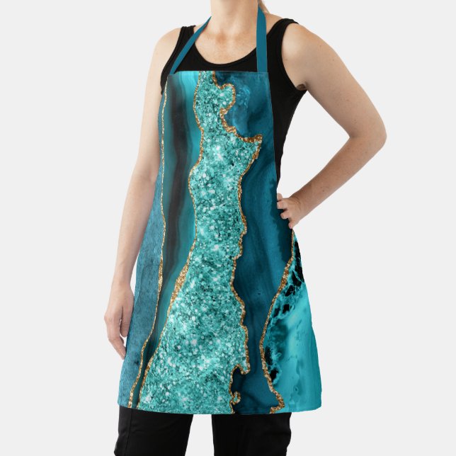 Agate Teal Blue Gold Glitter Marble Aqua Turquoise Apron (Insitu)