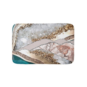 Agate Teal Blue Gold Glitter Marble Aqua Turquoise Bath Mat