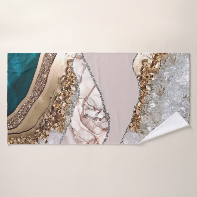 Agate Teal Blue Gold Glitter Marble Aqua Turquoise Bath Towel Set (Bath Towel)
