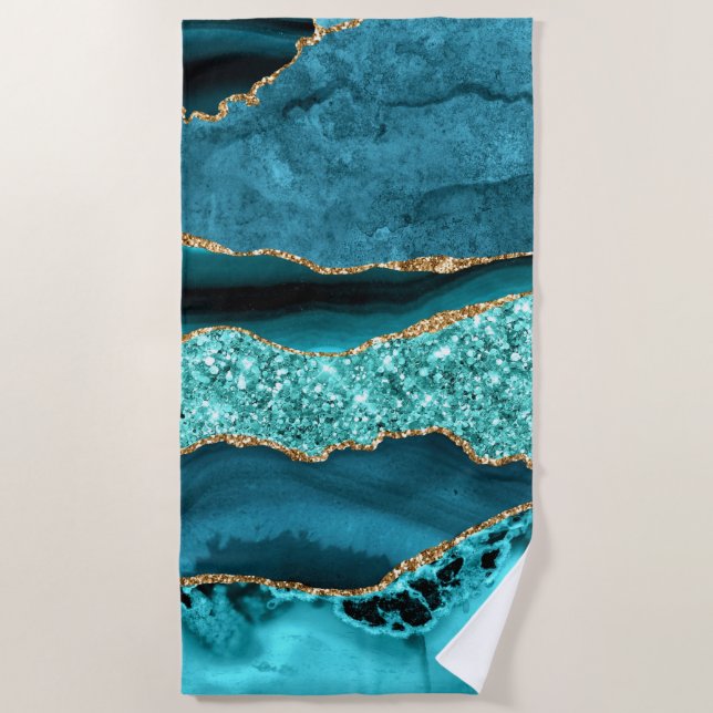 Agate Teal Blue Gold Glitter Marble Aqua Turquoise Beach Towel (Front)