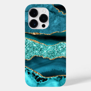 Agate Teal Blue Gold Glitter Marble Aqua Turquoise Case-Mate iPhone 14 Pro Case