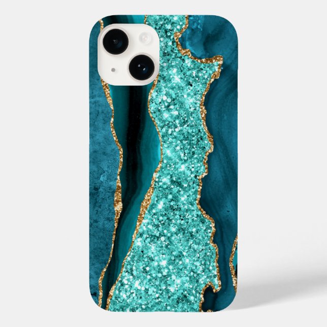 Agate Teal Blue Gold Glitter Marble Aqua Turquoise Case-Mate iPhone Case (Back)