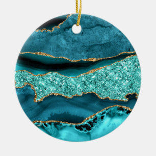 Agate Teal Blue Gold Glitter Marble Aqua Turquoise Ceramic Tree Decoration
