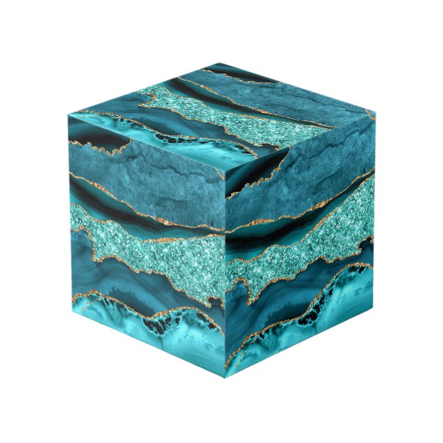 Agate Teal Blue Gold Glitter Marble Aqua Turquoise Cube (Front Angled)