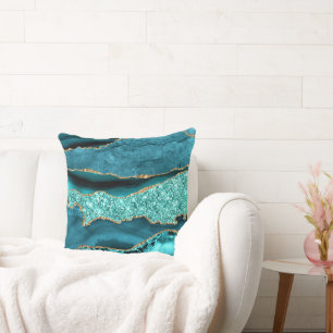 Agate Teal Blue Gold Glitter Marble Aqua Turquoise Cushion
