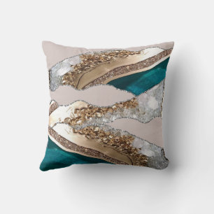 Agate Teal Blue Gold Glitter Marble Aqua Turquoise Cushion